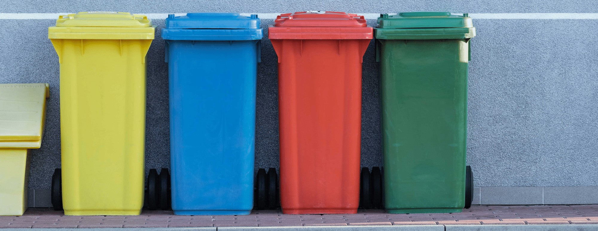 Four wheeled bins (yellow, blue, red, green) lined up against a gray exterior wall.