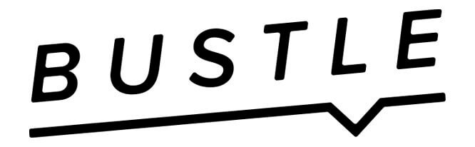 BUSTLE logo, stylized uppercase letters with angled underline and V-shaped notch.