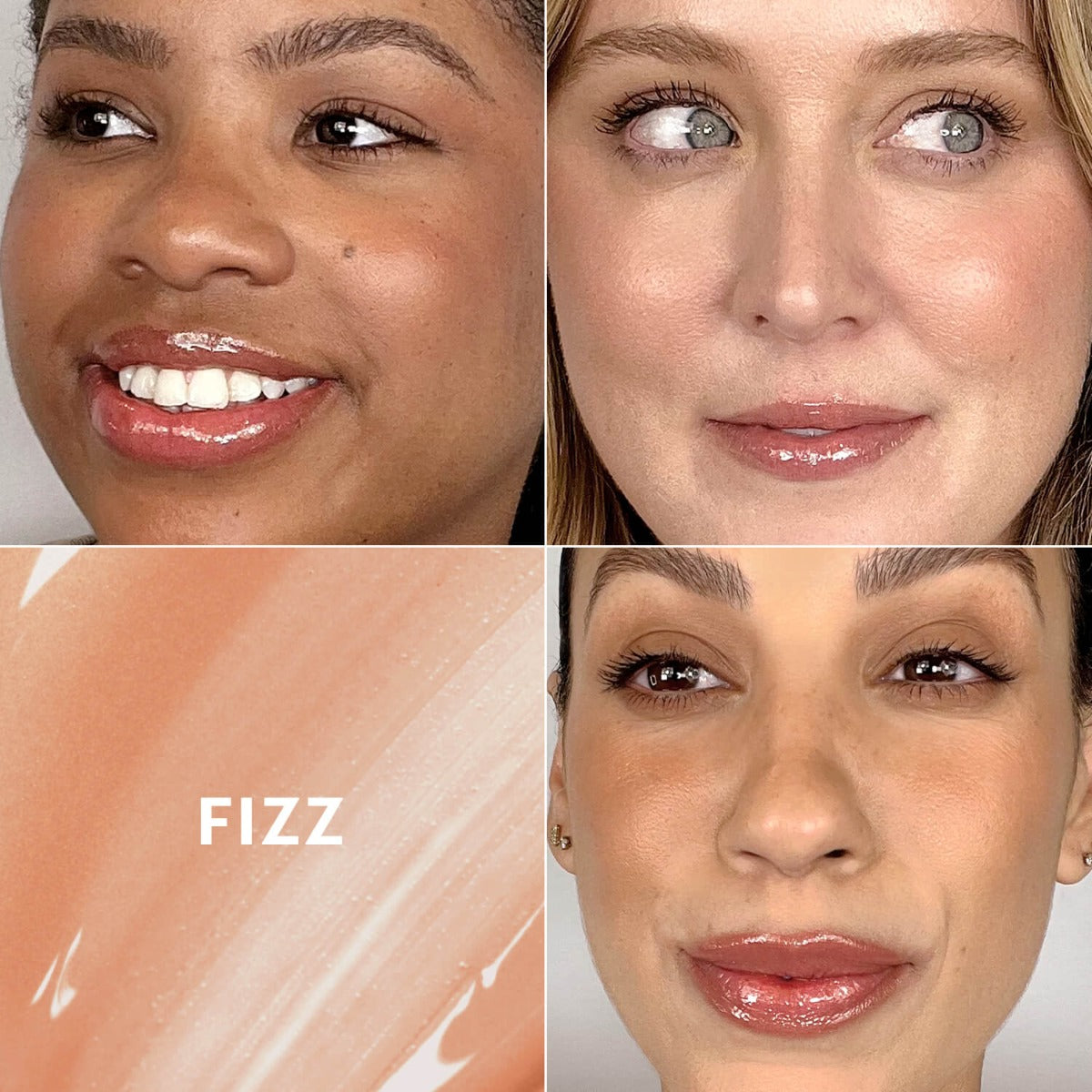 Collage: three models wearing shiny peach-toned conditioning lip gloss and a gloss swatch labeled FIZZ.