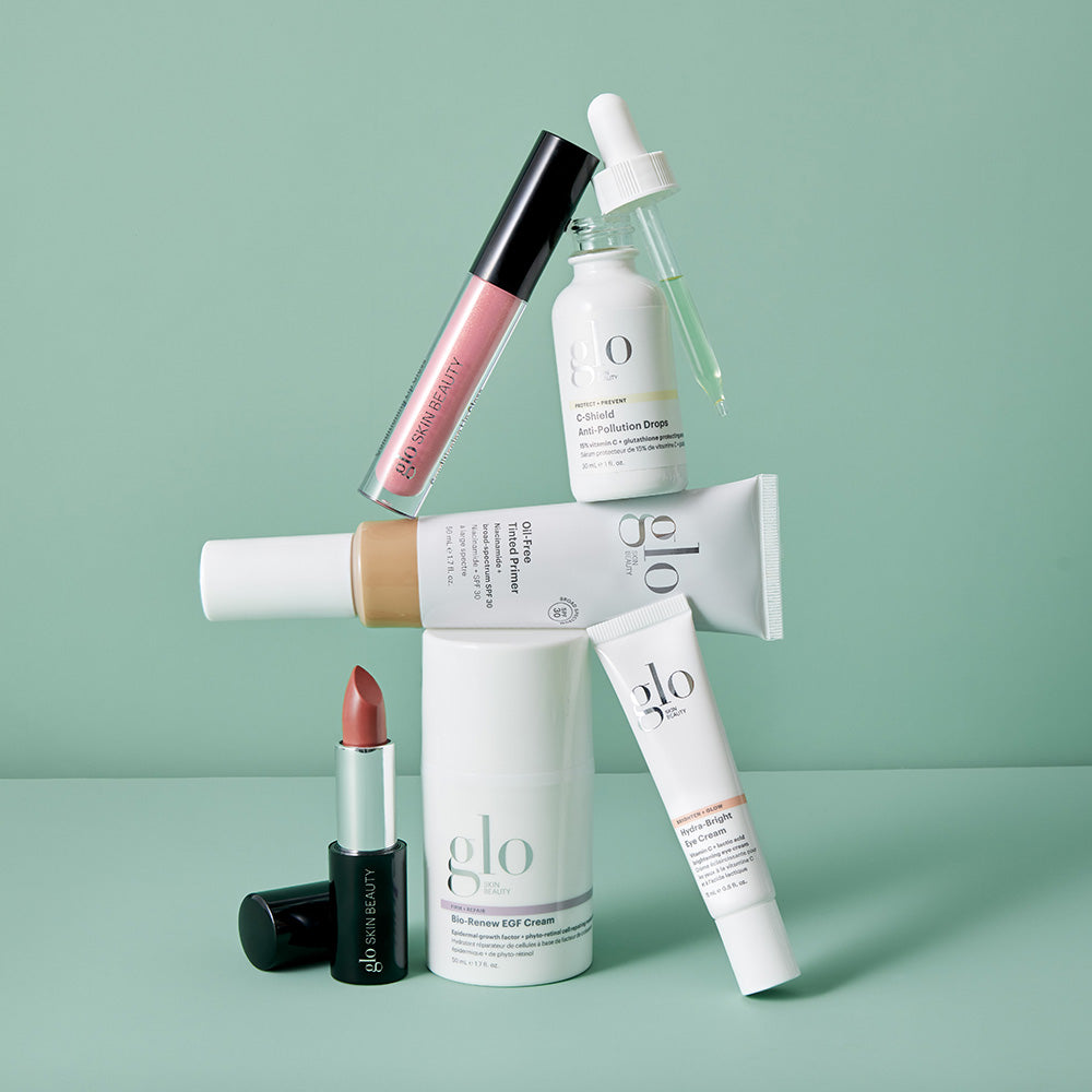 glo SKIN BEAUTY set — C-Shield Anti-Pollution Drops; Oil-Free Tinted Primer; Bio-Renew EGF Cream; Hydra-Bright Eye Cream