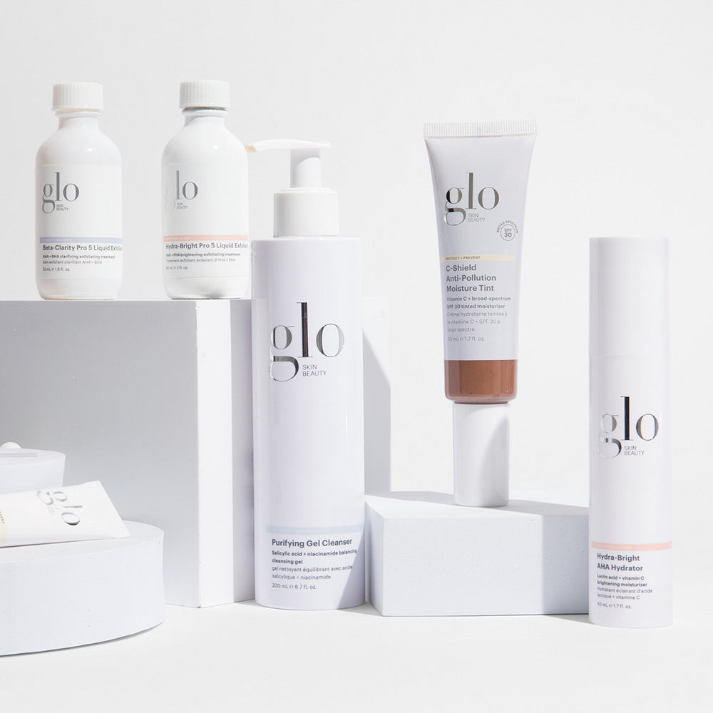 glo SKIN BEAUTY Purifying Gel Cleanser C-Shield Anti-Pollution Moisture Tint Hydra-Bright AHA Hydrator