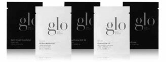 glo brand black and white skincare product boxes arranged side by side