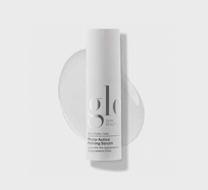 glo SKIN BEAUTY SOLUTION: FIRM Phyto-Active Firming Serum Smooths the appearance of expression lines. bottle, gel