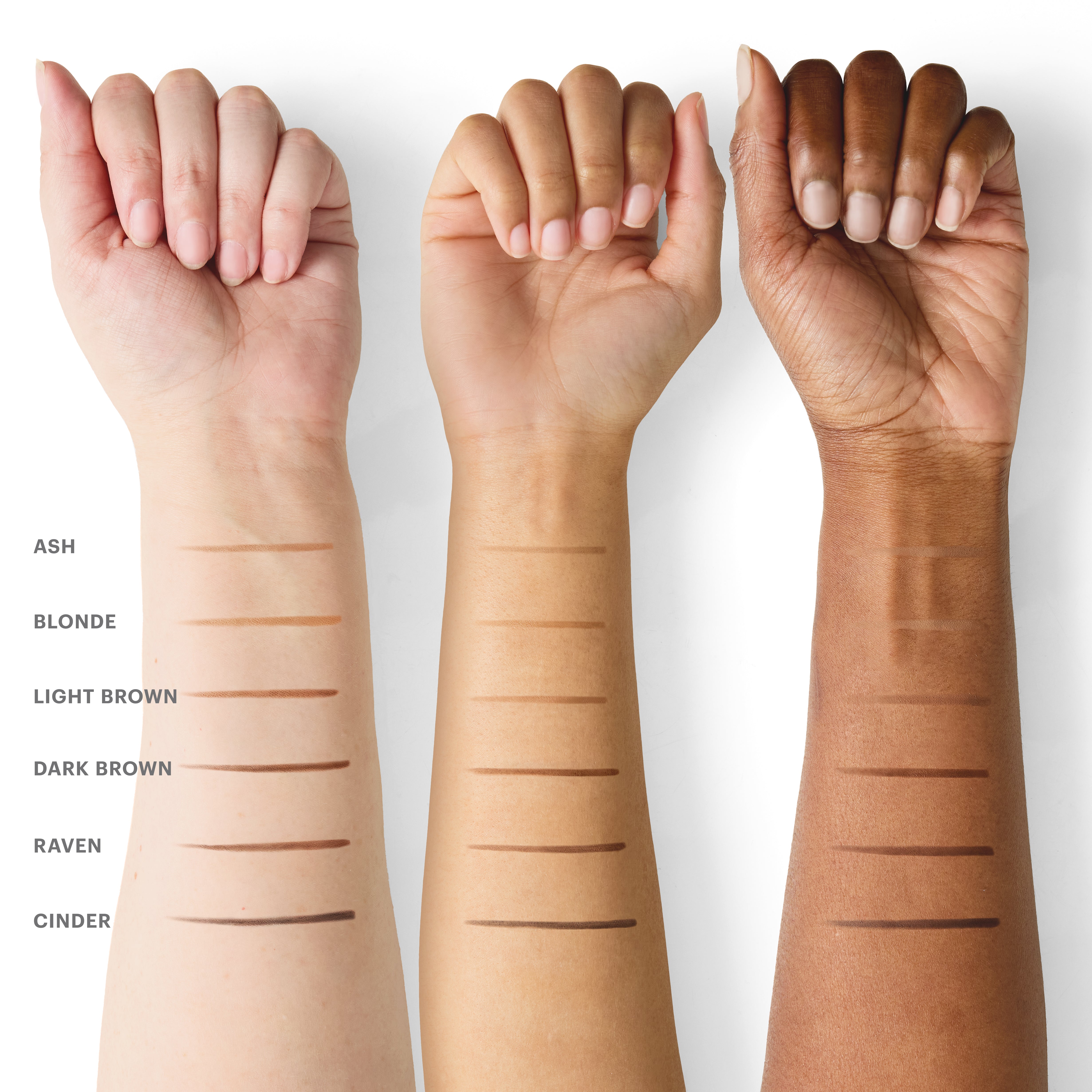 Three forearms showing eyebrow pencil swatches labeled ASH; BLONDE; LIGHT BROWN; DARK BROWN; RAVEN; CINDER