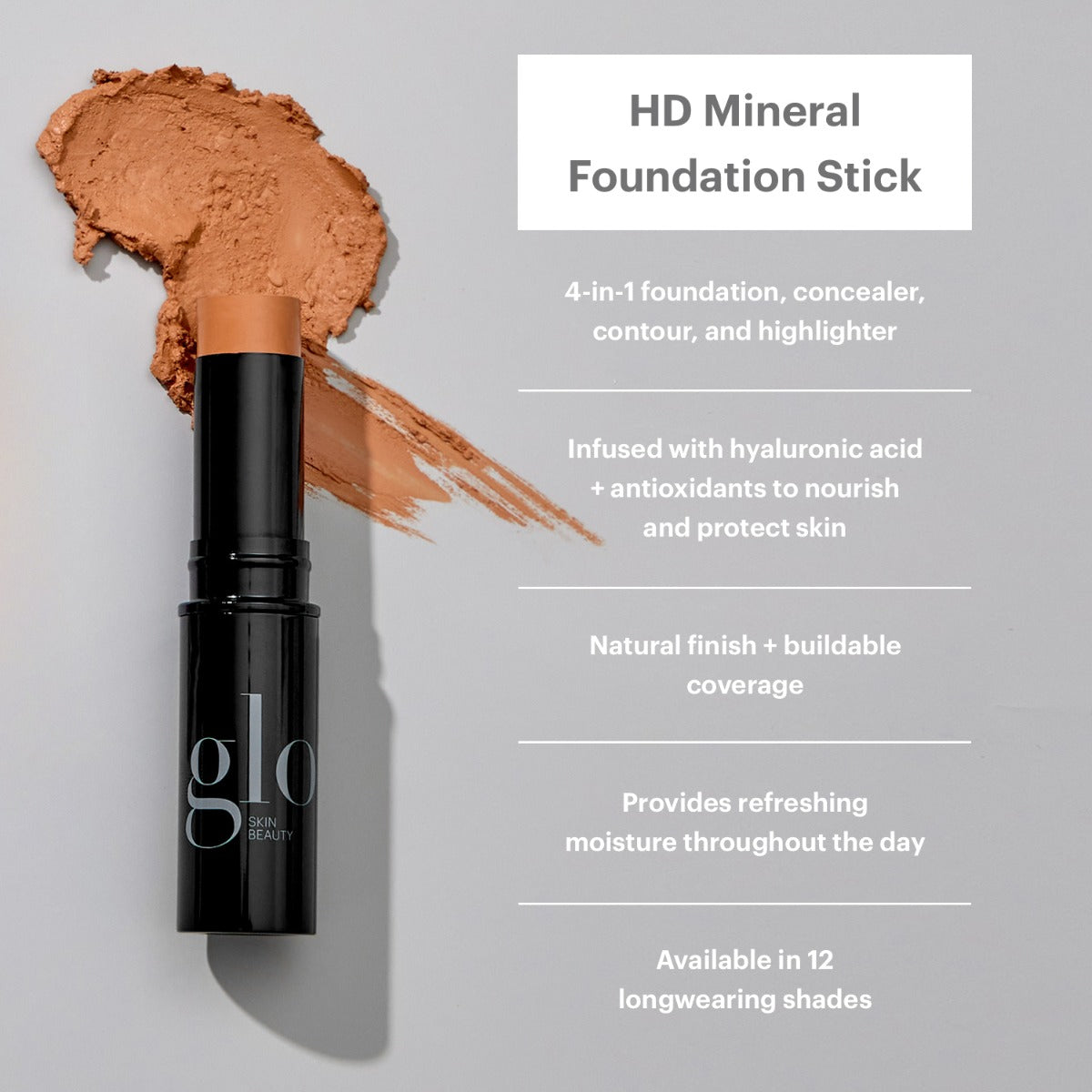 Glo Skin Beauty HD Mineral Foundation stick with swatch and product feature list