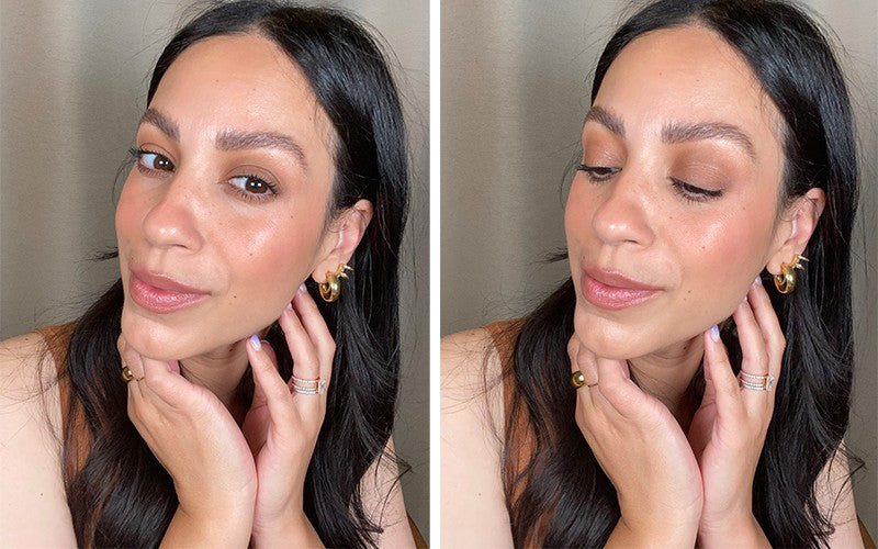 Side-by-side close-ups of a woman showing warm-toned blush on her cheeks and the finished makeup look.