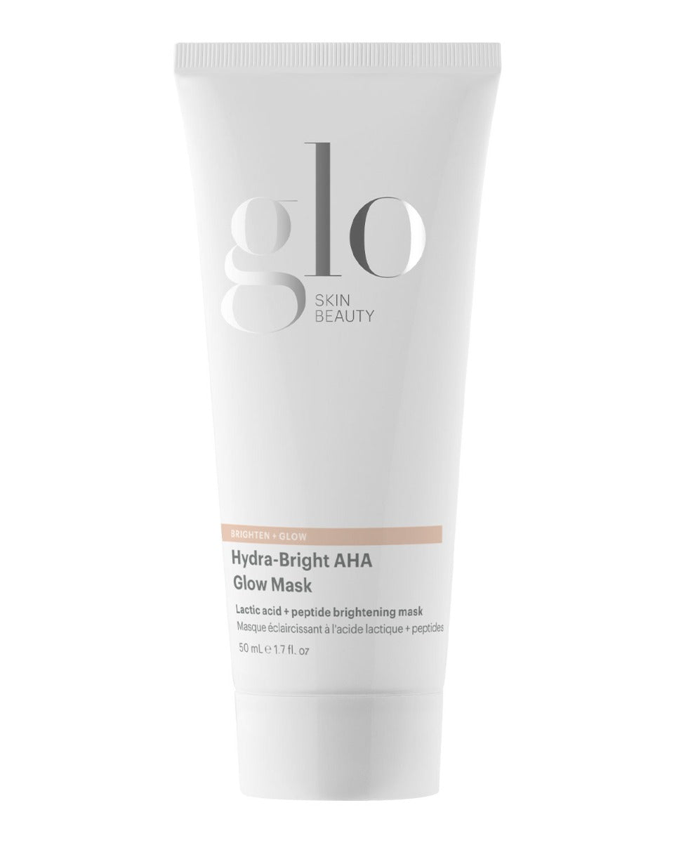 White tube, glo SKIN BEAUTY; BRIGHTEN + GLOW; Hydra-Bright AHA Glow Mask; Lactic acid + peptide brightening mask; 50 mL.