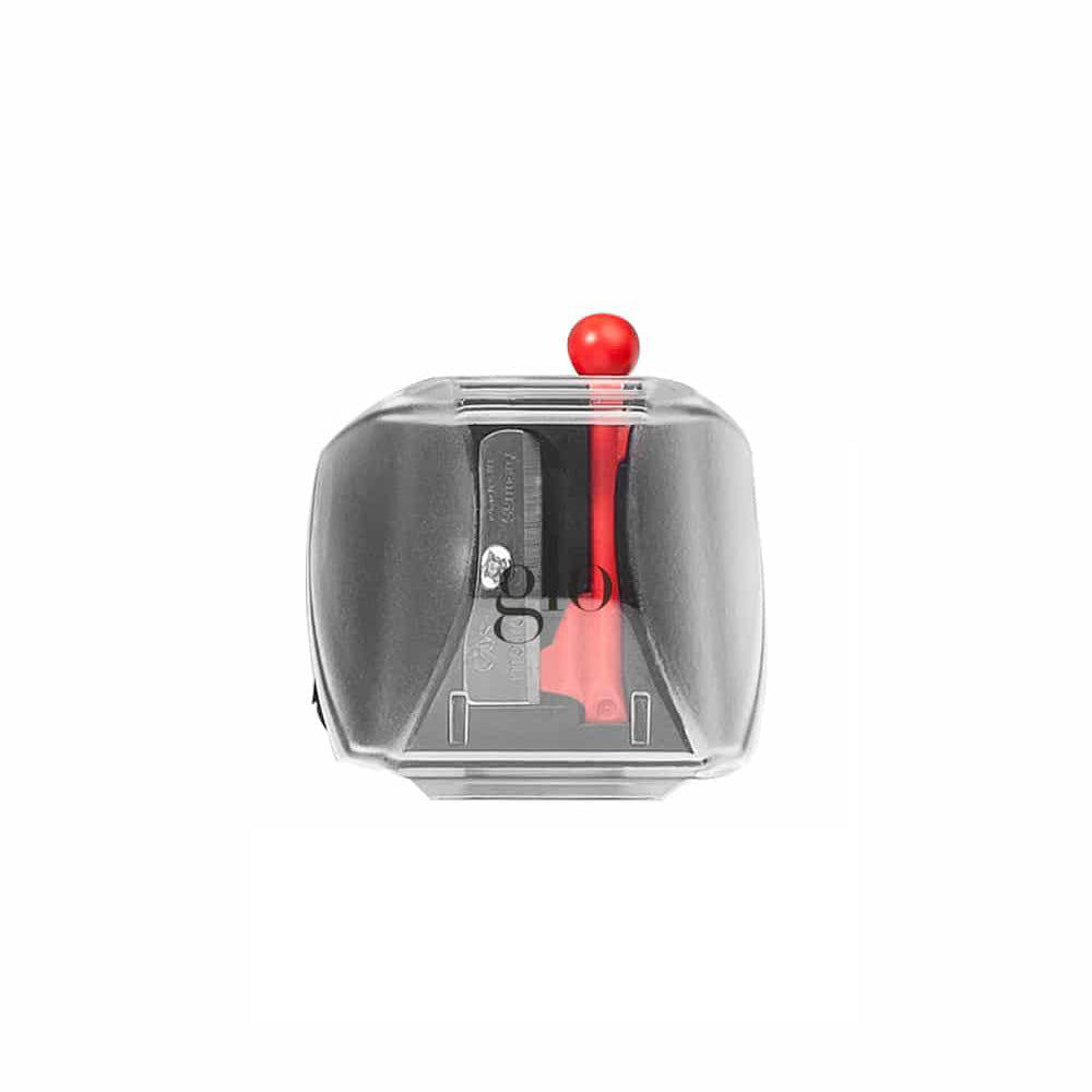 Clear manual pencil sharpener with transparent case and red turning handle