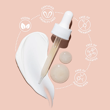 Pipette over cream and serum on pink; VEGAN; CERTIFIED CRUELTY FREE; FREE OF PARABENS; FREE OF SULFATES; FREE OF PHTHALATES