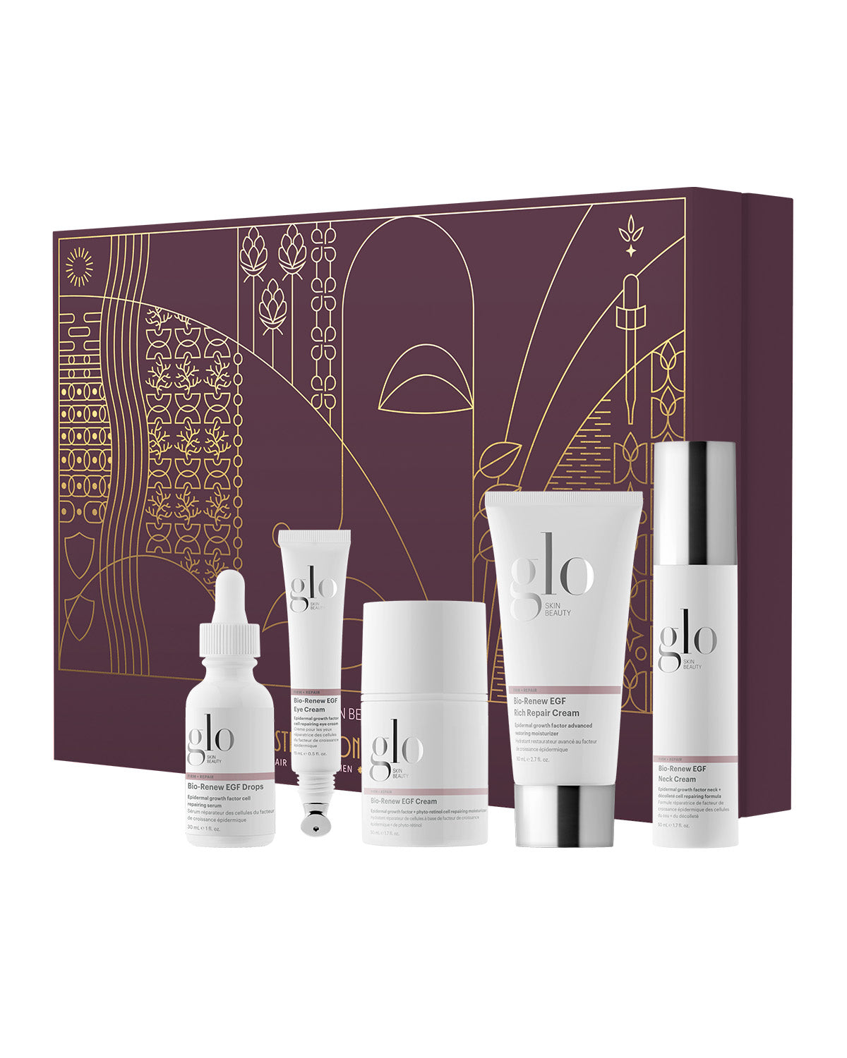 Front view of The Prestige Icon Collection - Pro showcasing five Glo Skin Beauty skincare products in front of a purple and gold gift box