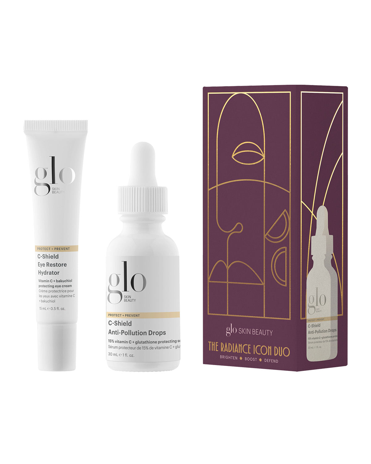 Front view of The Radiance Icon Duo - Pro showcasing eye hydrator, anti-pollution drops, and gift box on white background