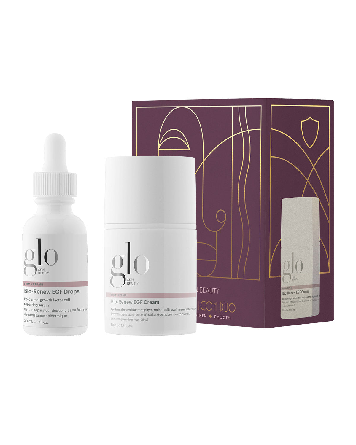 Front view of The Vitality Icon Duo Pro showcasing Bio-Renew EGF Drops and Bio-Renew EGF Cream with gift box