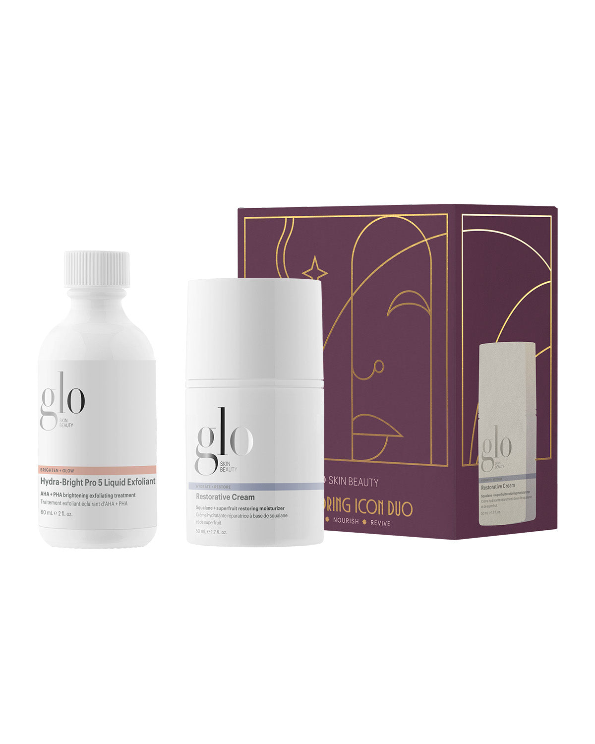Front view of The Restoring Icon Duo showcasing Hydra-Bright Pro 5 exfoliant and Restorative Cream with purple gift box