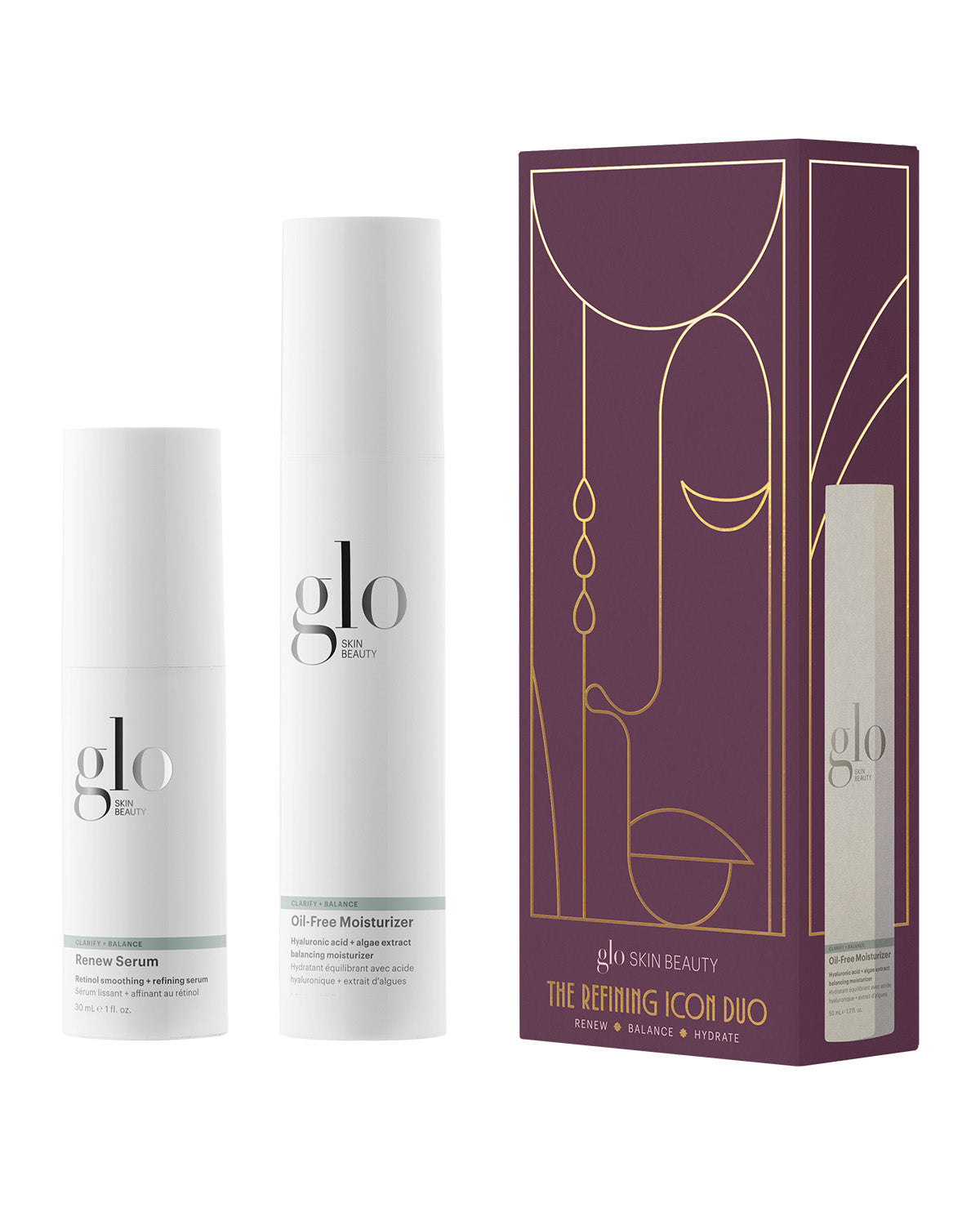 Front view of The Refining Icon Duo - Pro showing Renew Serum, Oil-Free Moisturizer, and purple gift box on white background