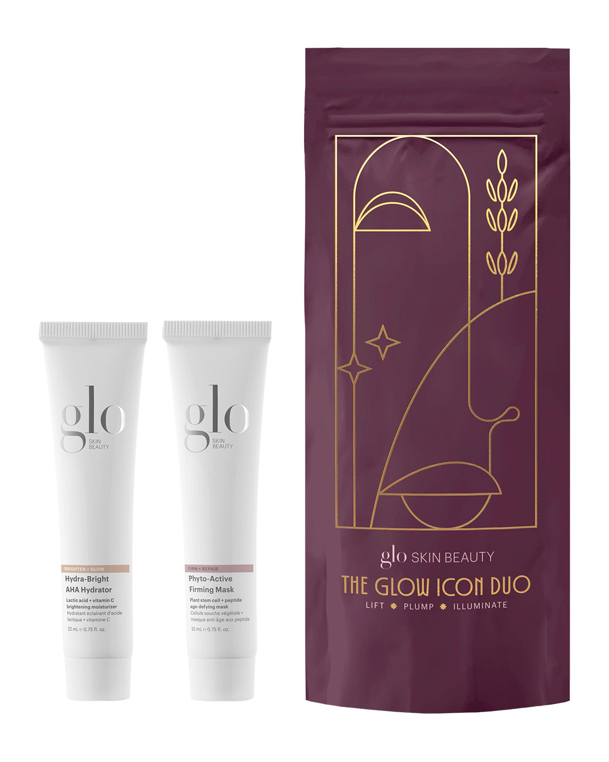 Front view of The Glow Icon Duo Pro showing two skincare tubes and a burgundy pouch labeled Lift Plump Illuminate on white