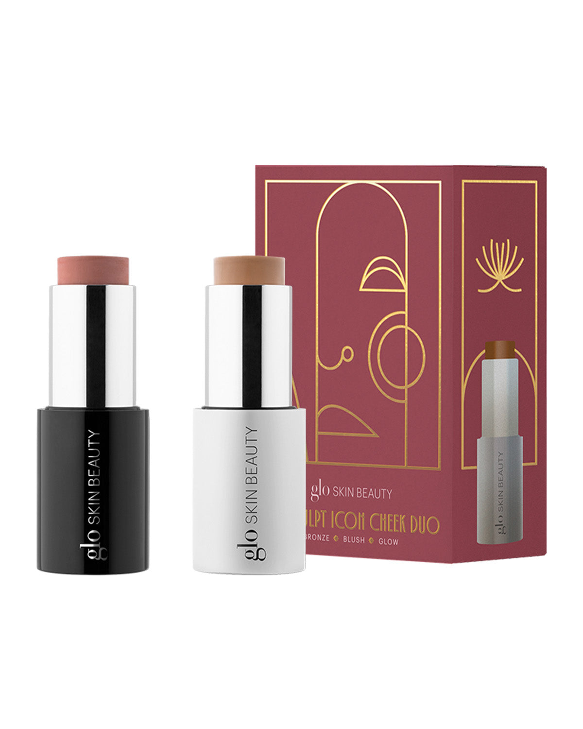 Front view of The Sculpt Icon Cheek Duo - Pro showcasing bronzer and blush sticks with its burgundy gift box
