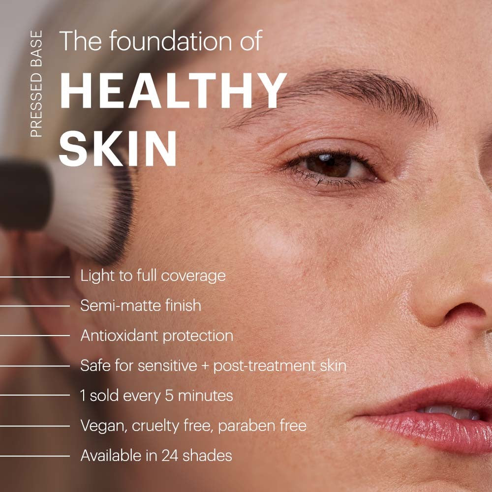 Benefits infographic showing Pressed Base for healthy skin, coverage, semi matte finish, and sensitive skin