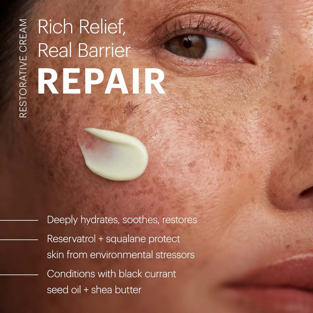 Restorative Cream infographic showing rich relief, real barrier repair, hydration, and antioxidant protection
