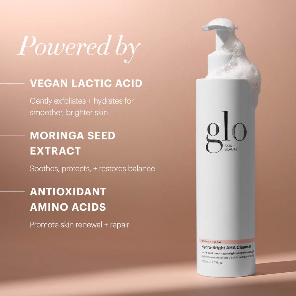 Hydra-Bright AHA Cleanser infographic: vegan lactic acid exfoliates, hydrates; moringa restores balance; amino acids renew