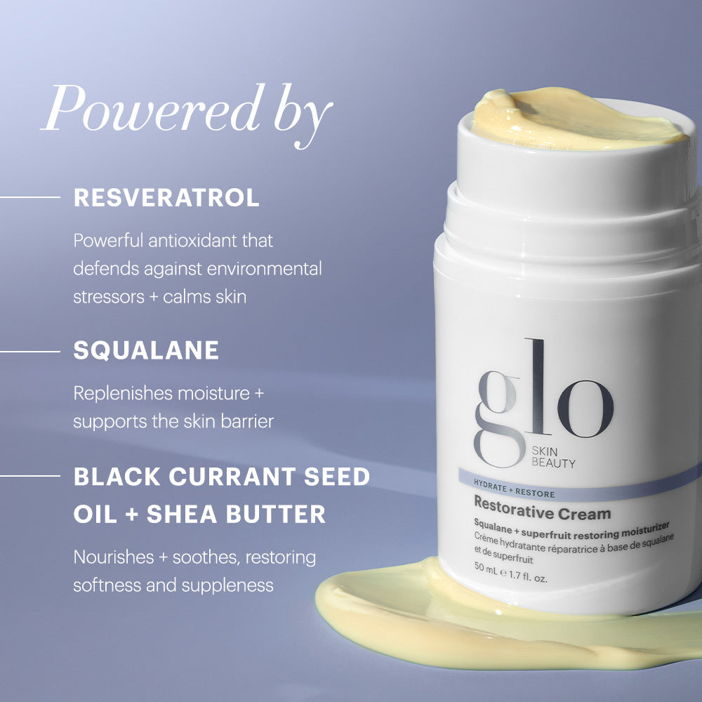 Restorative Cream infographic highlights resveratrol, squalane, black currant seed oil and shea butter