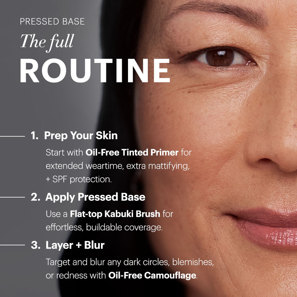Pressed Base full routine: prep skin, apply with flat-top Kabuki brush, then layer and blur with Oil-Free Camouflage