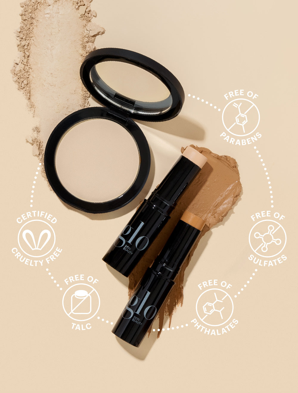 glo SKIN BEAUTY sticks & powder;FREE OF PARABENS, CERTIFIED CRUELTY FREE, FREE OF TALC, FREE OF PHTHALATES, FREE OF SULFATES