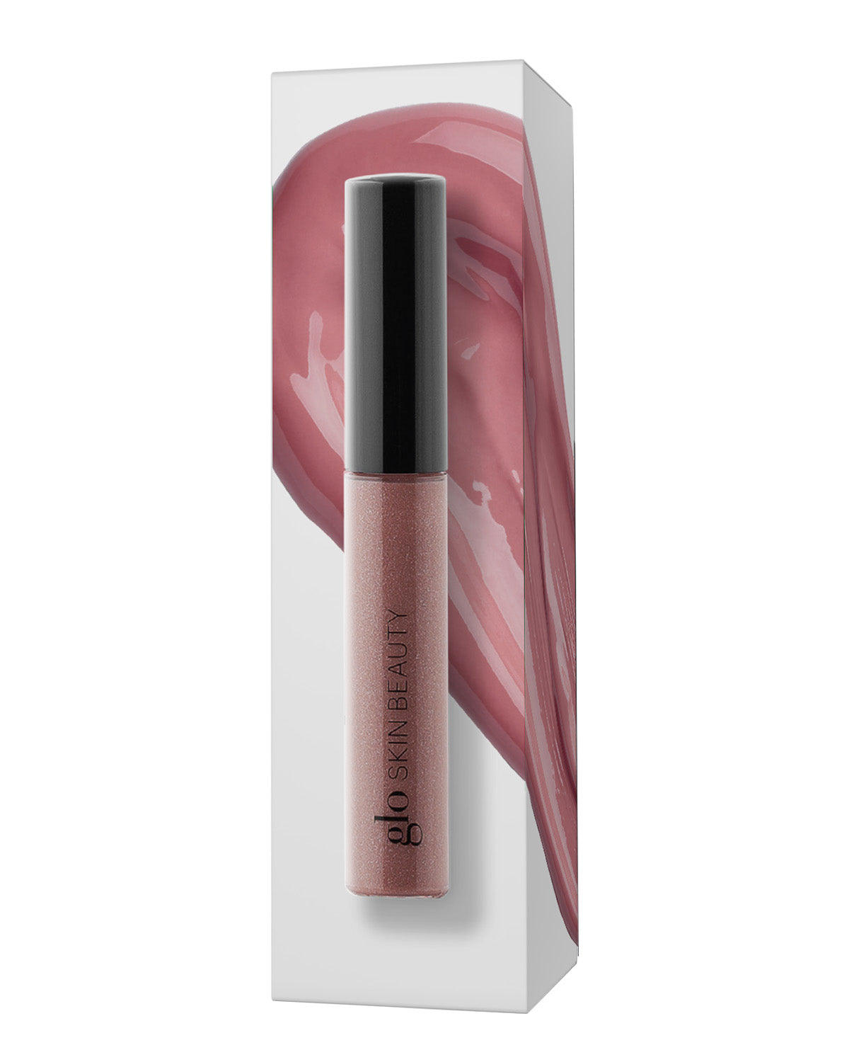 Front view of Whisper lip gloss in clear tube showcasing shimmery mauve-pink shade with black cap against a white boxed background