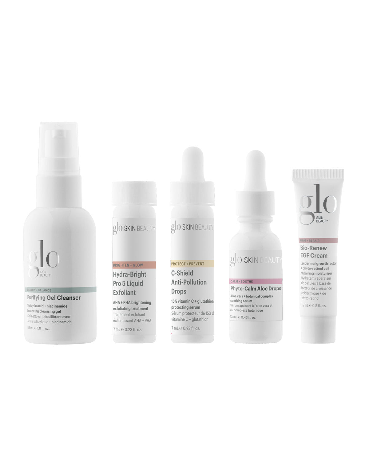 Front view of 5-piece skincare sampler kit with five travel-size Glo Skin Beauty products on white background