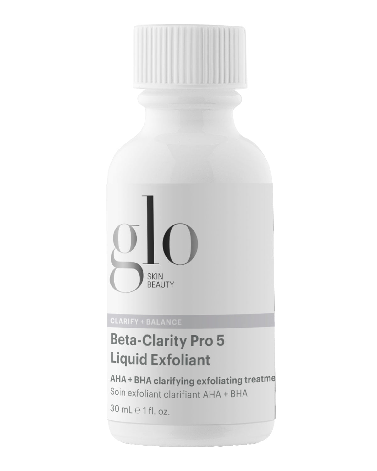 Front view of Beta-Clarity Pro 5 Liquid Exfoliant, 30 mL, showing AHA and BHA treatment in a white bottle