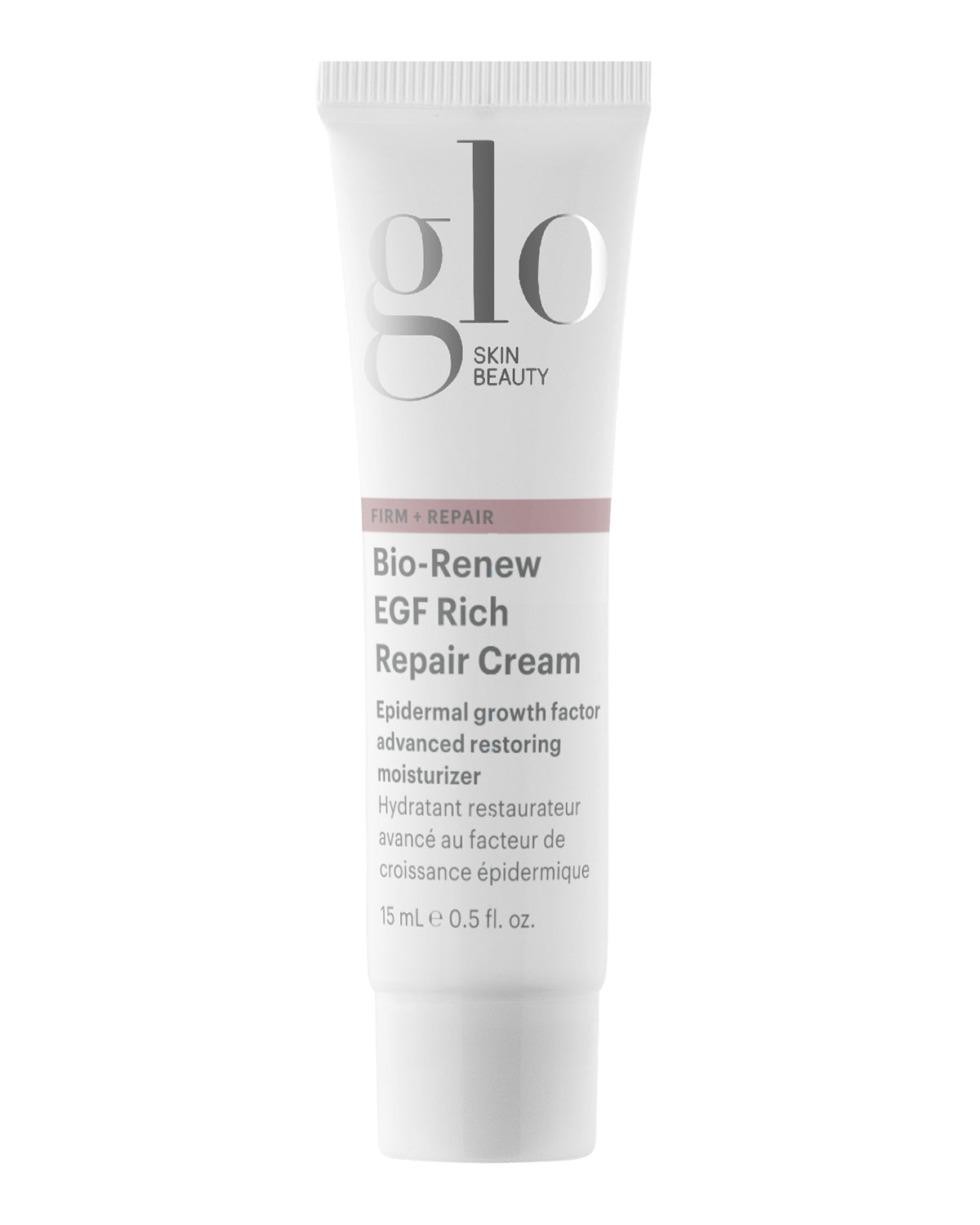 Front view of Bio-Renew EGF Rich Repair Cream tube showing Glo Skin Beauty logo, Firm and Repair band and 15 mL on white background