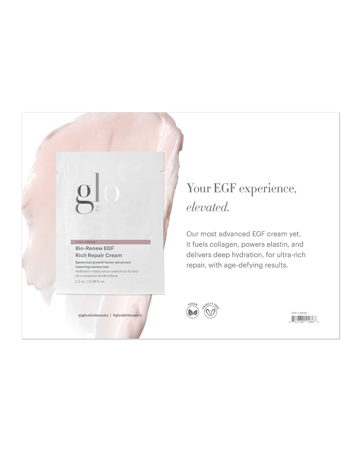 Front view of Bio-Renew EGF Rich Repair Cream sample card showing sachet on a pink cream smear and headline Your EGF experience, elevated
