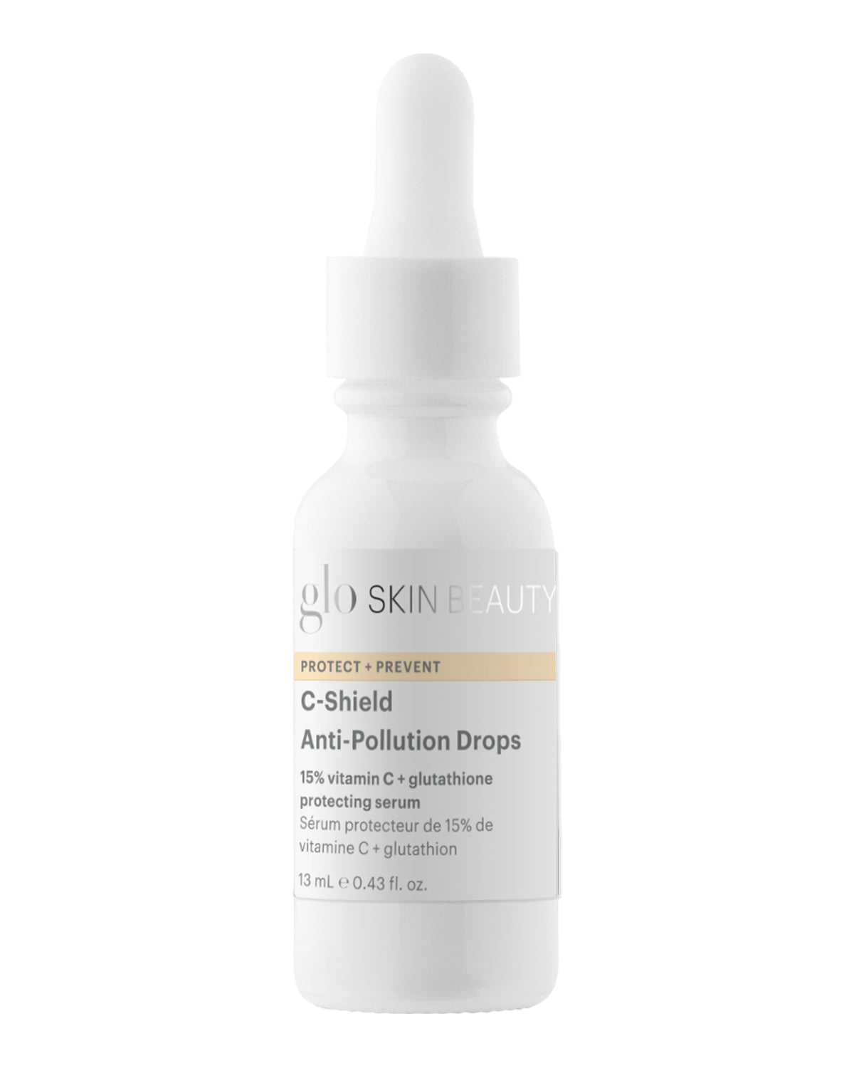 Front C-Shield Anti-Pollution Drops 13 mL showing dropper and label reading 15 percent vitamin C and glutathione on white