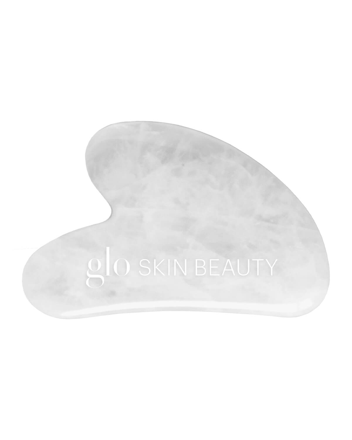White marble gua sha facial tool with glo SKIN BEAUTY printed on it