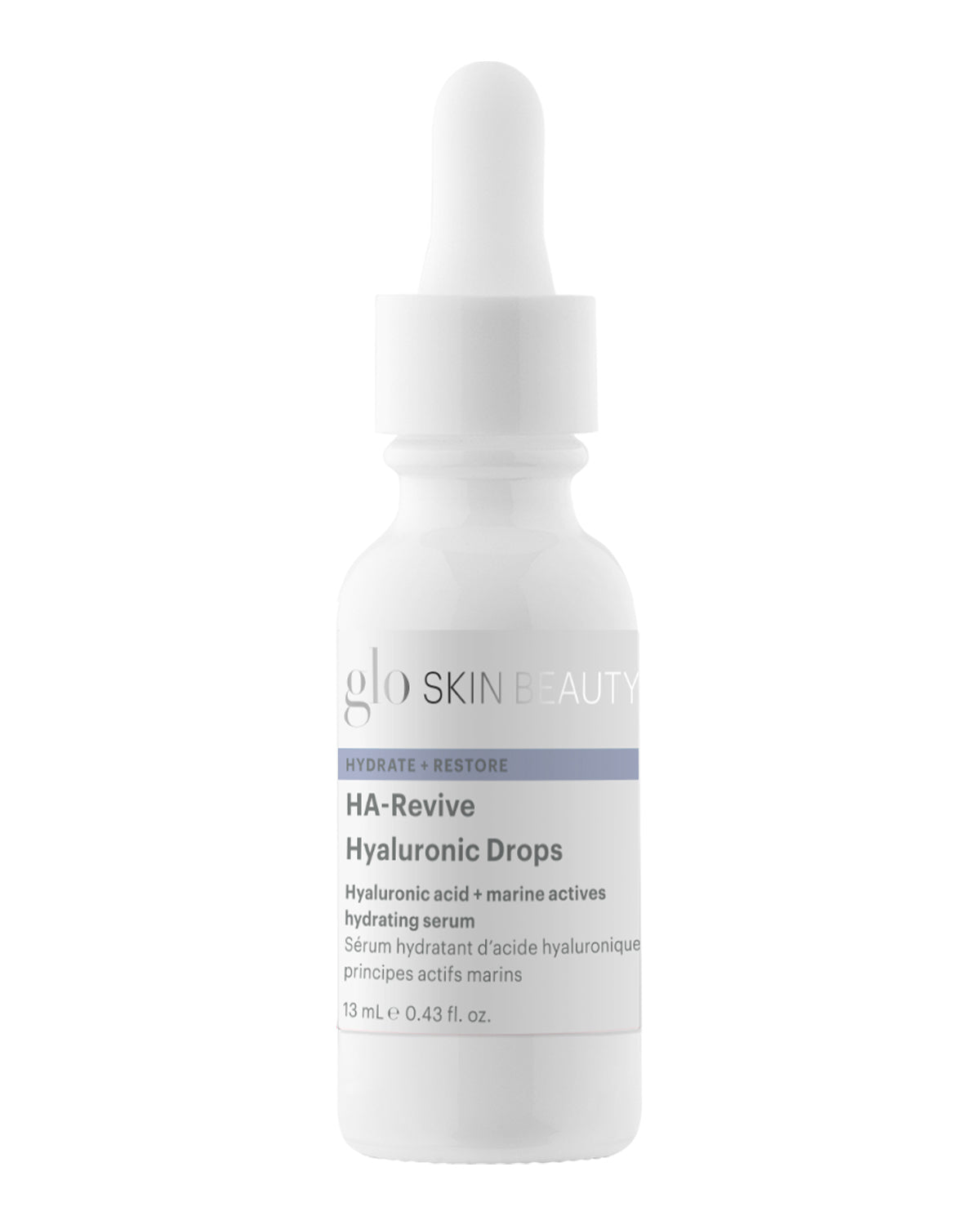 Front view of HA-Revive Hyaluronic Drops travel size, a white 13 mL dropper bottle on a white background