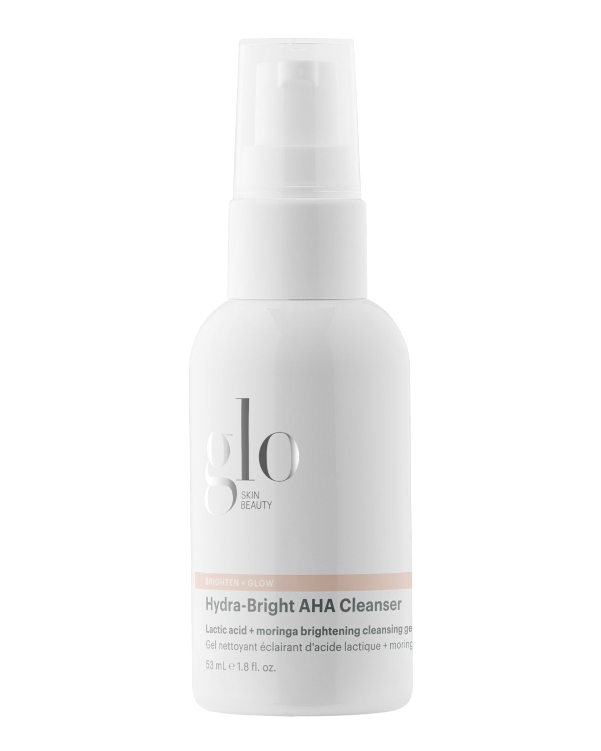 Front view of Hydra-Bright AHA Cleanser travel-size 53 mL pump bottle showcasing pump dispenser and product label on white background