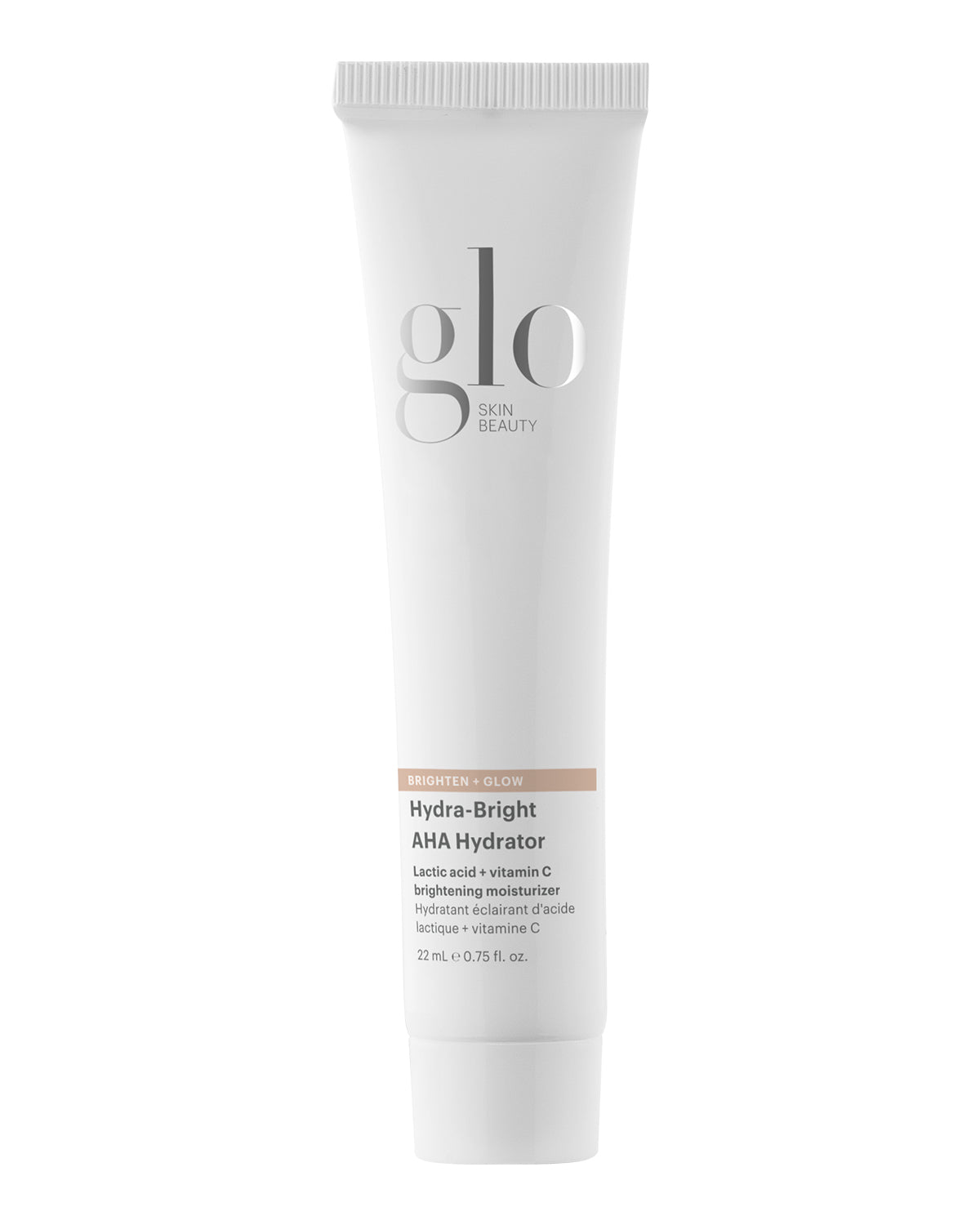 Front view of Hydra-Bright AHA Hydrator travel-size tube with lactic acid and vitamin C label on white background