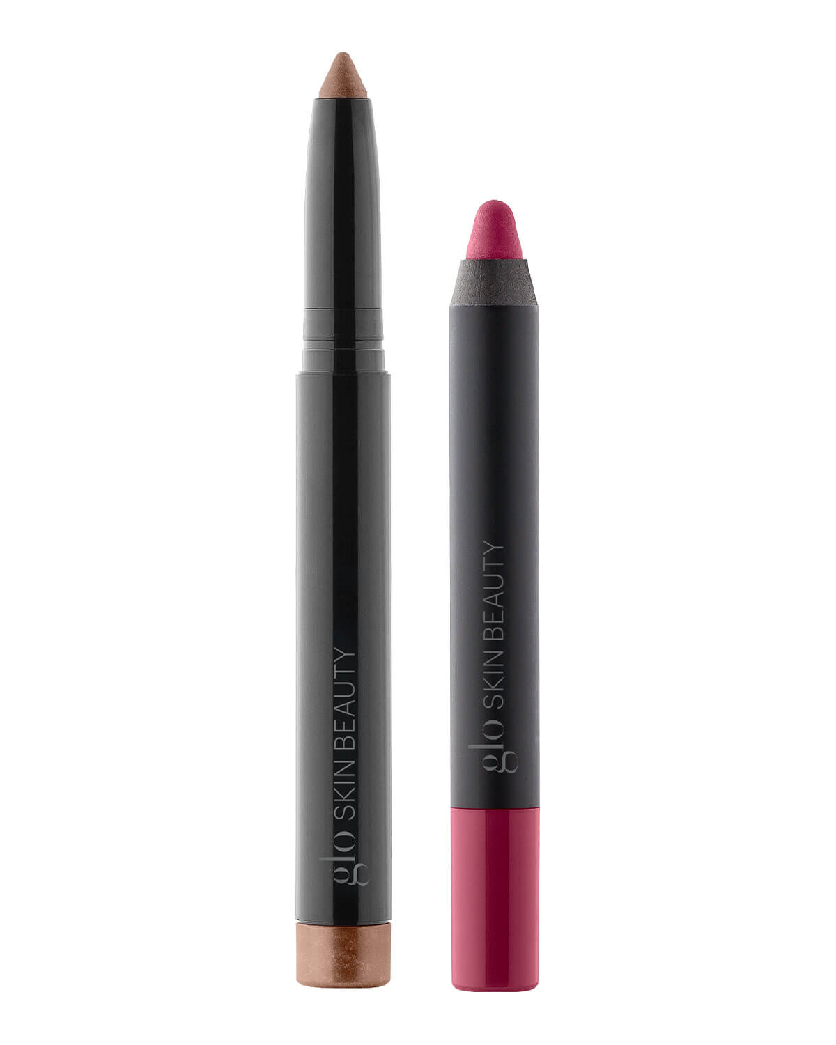 Front view of Bronzed & Berry duo showing a bronze shimmer crayon and a berry lip crayon side by side on white background