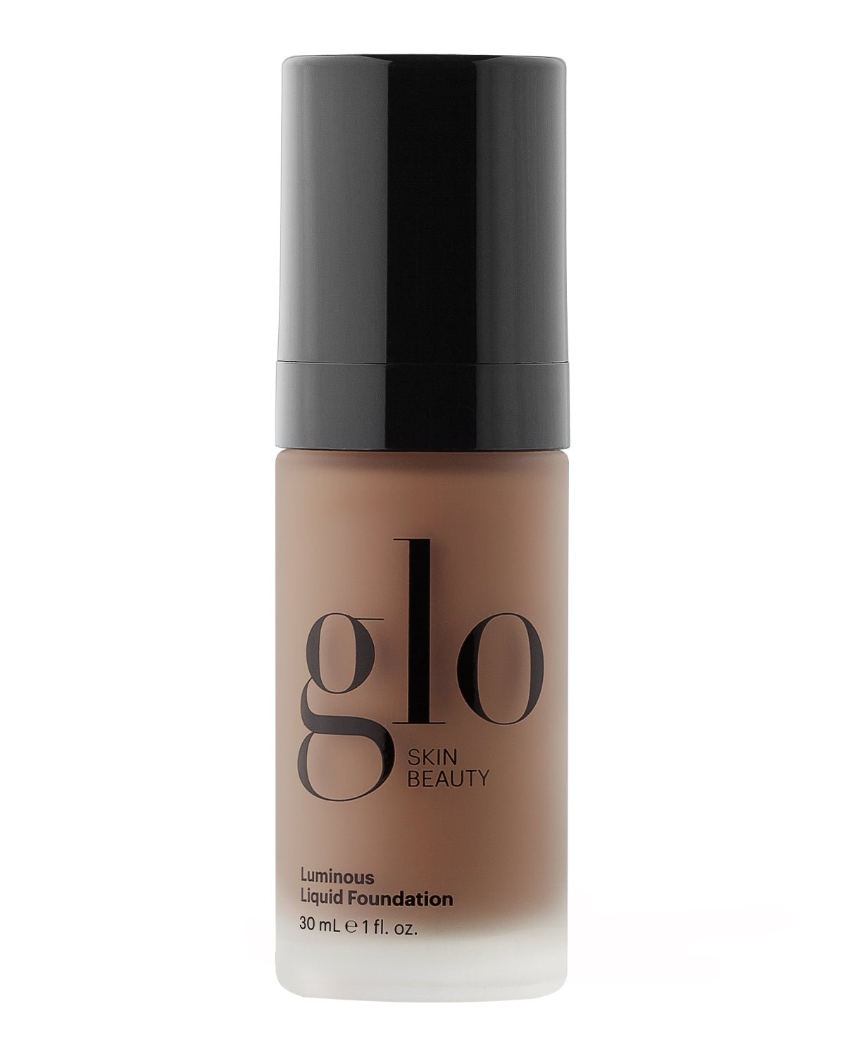 Front view of Luminous Liquid Foundation bottle in Mocha shade showcasing frosted glass bottle and black pump cap on white background