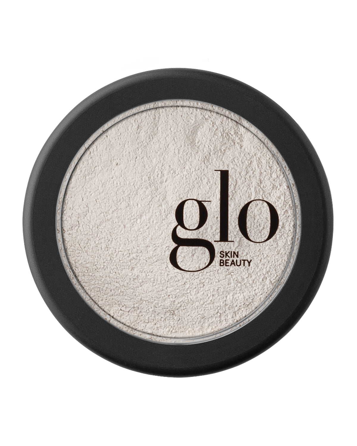 Top view of Luminous Setting Powder compact showcasing finely milled pale translucent powder and glo skin beauty logo on white background