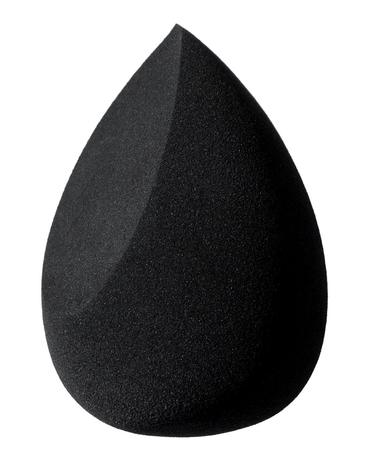 Close-up front view of black makeup blender sponge showcasing pointed tip and angled flat edge on white background