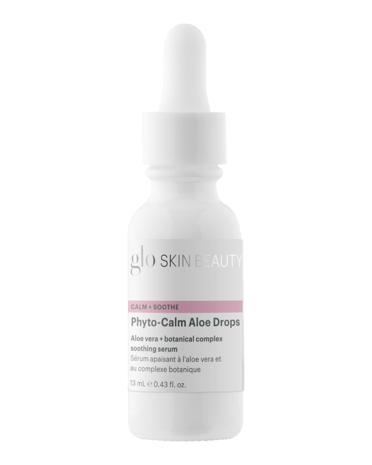 Front view of Phyto-Calm Aloe Drops 13 mL dropper bottle showcasing pink Calm and Soothe label band on white background
