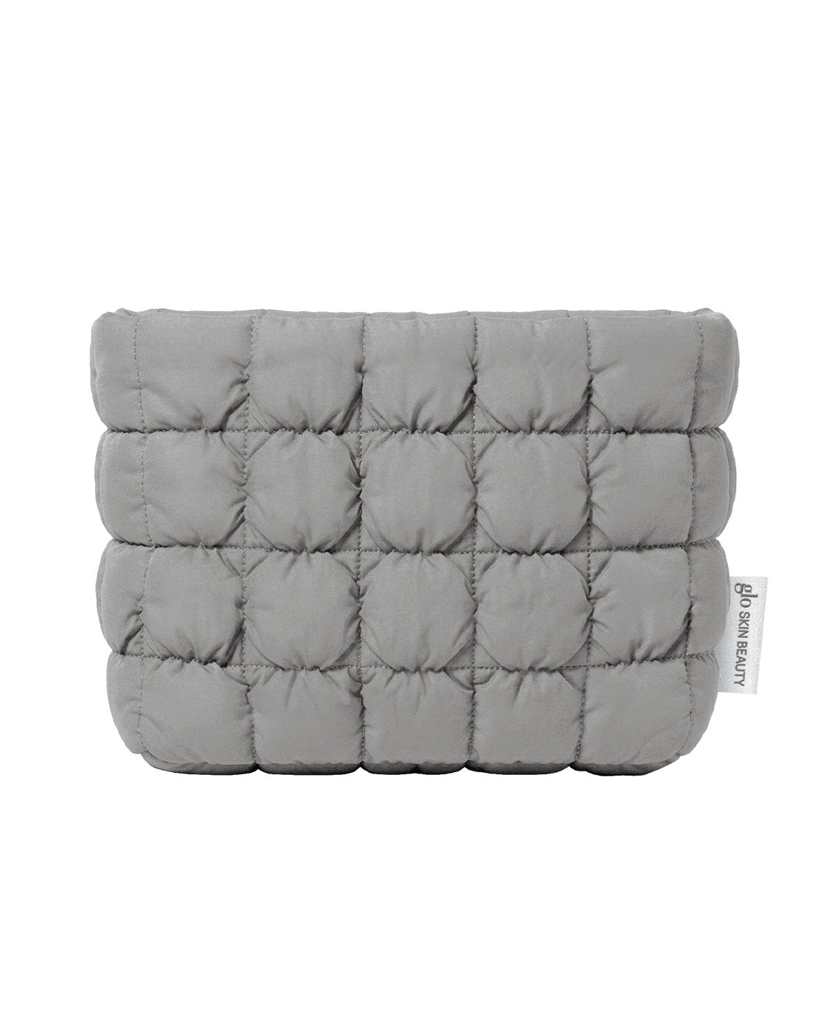 Front view of Quilted Travel Bag showcasing grey quilted puffer texture and square stitched pattern on white background