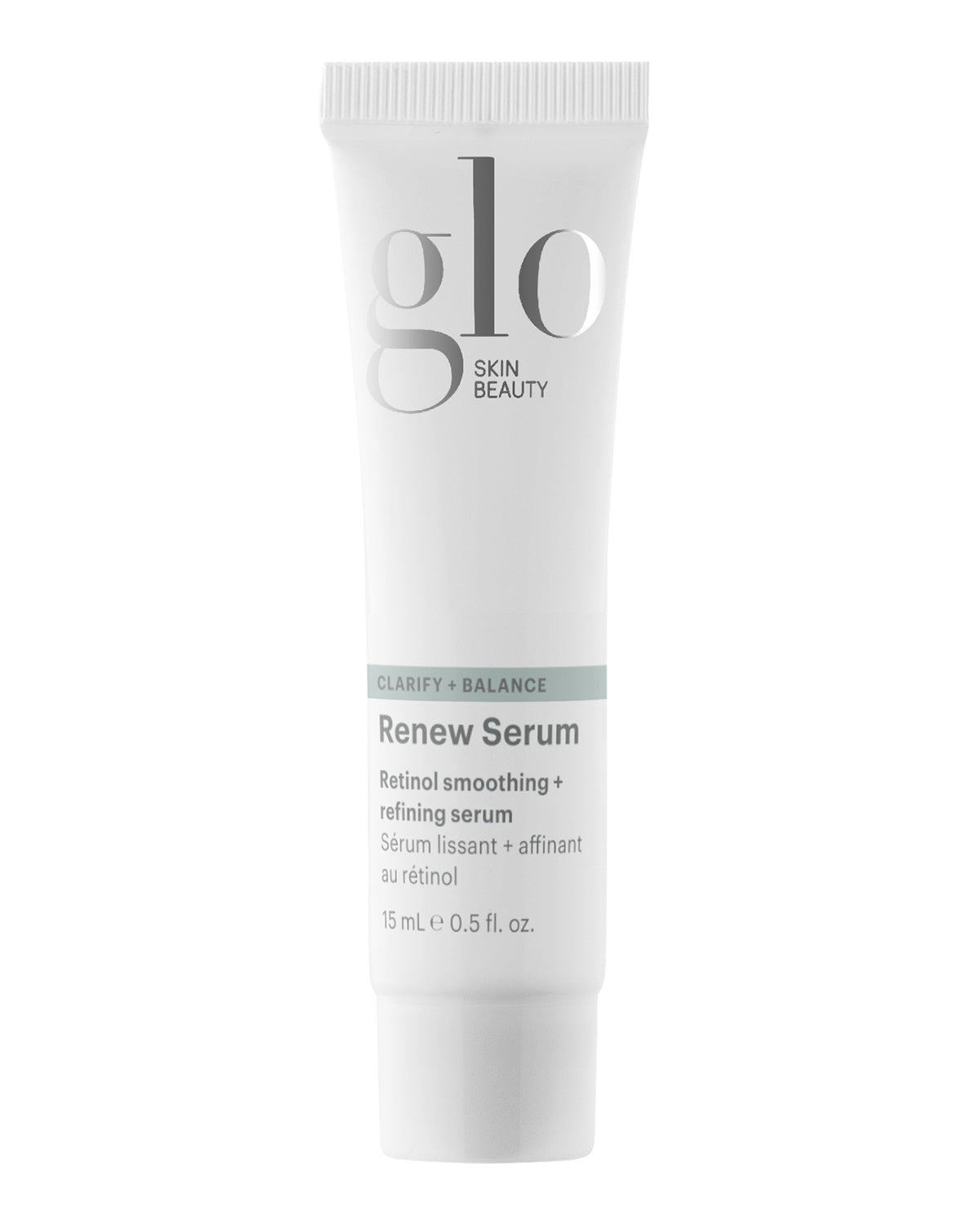 Front view of Renew Serum travel-size tube showing Glo Skin Beauty branding, ‘Clarify + Balance’ band and 15 mL label on white background