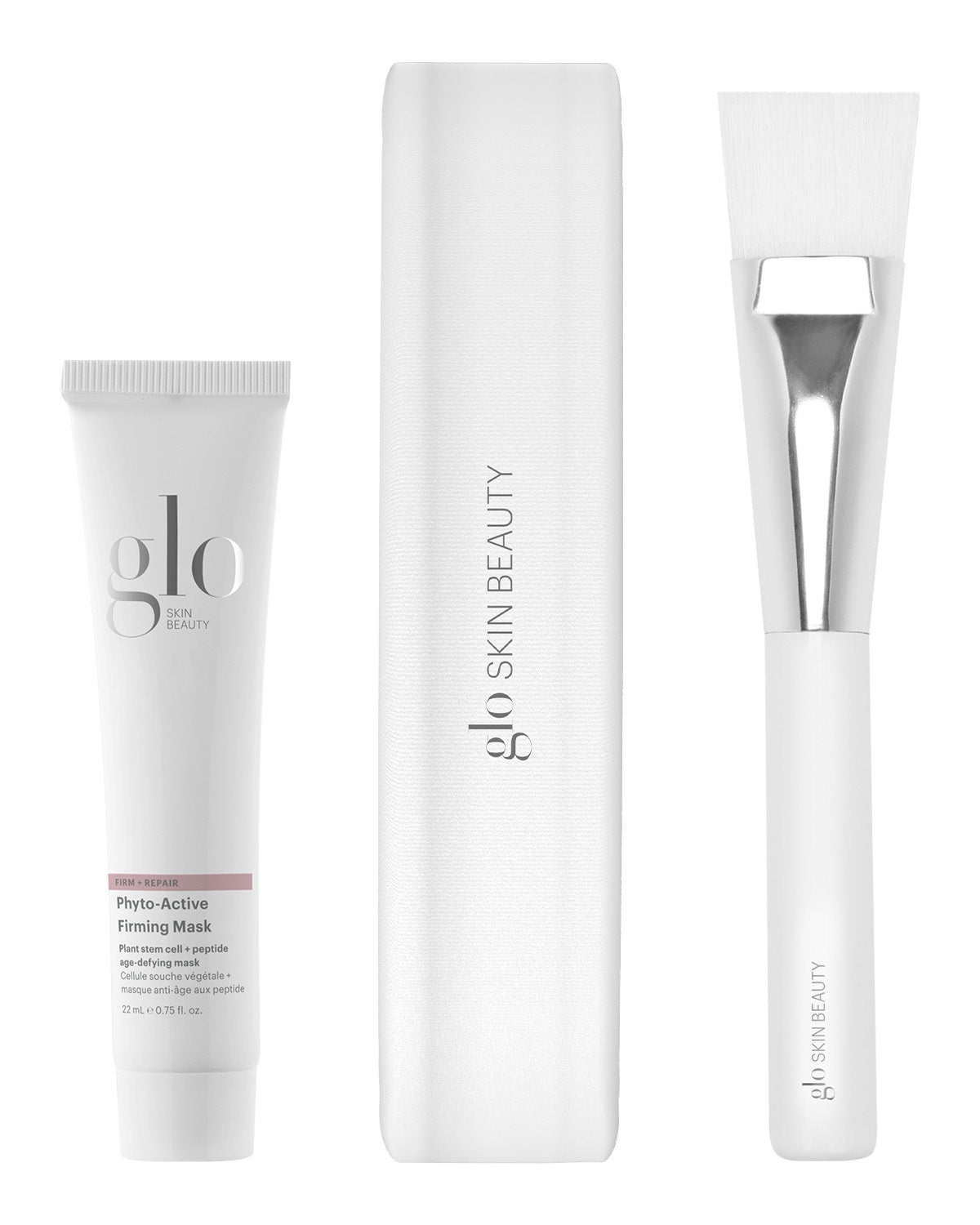 Front view of Face Mask Kit showcasing Phyto-Active Firming Mask tube, applicator brush, and travel case on white background