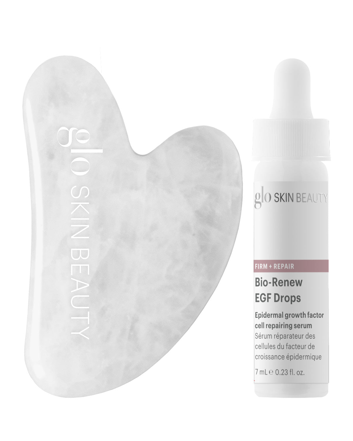 Front view of Bio-Renew EGF Drops bottle and white marble gua sha showing dropper top and Glo Skin Beauty logo on white background