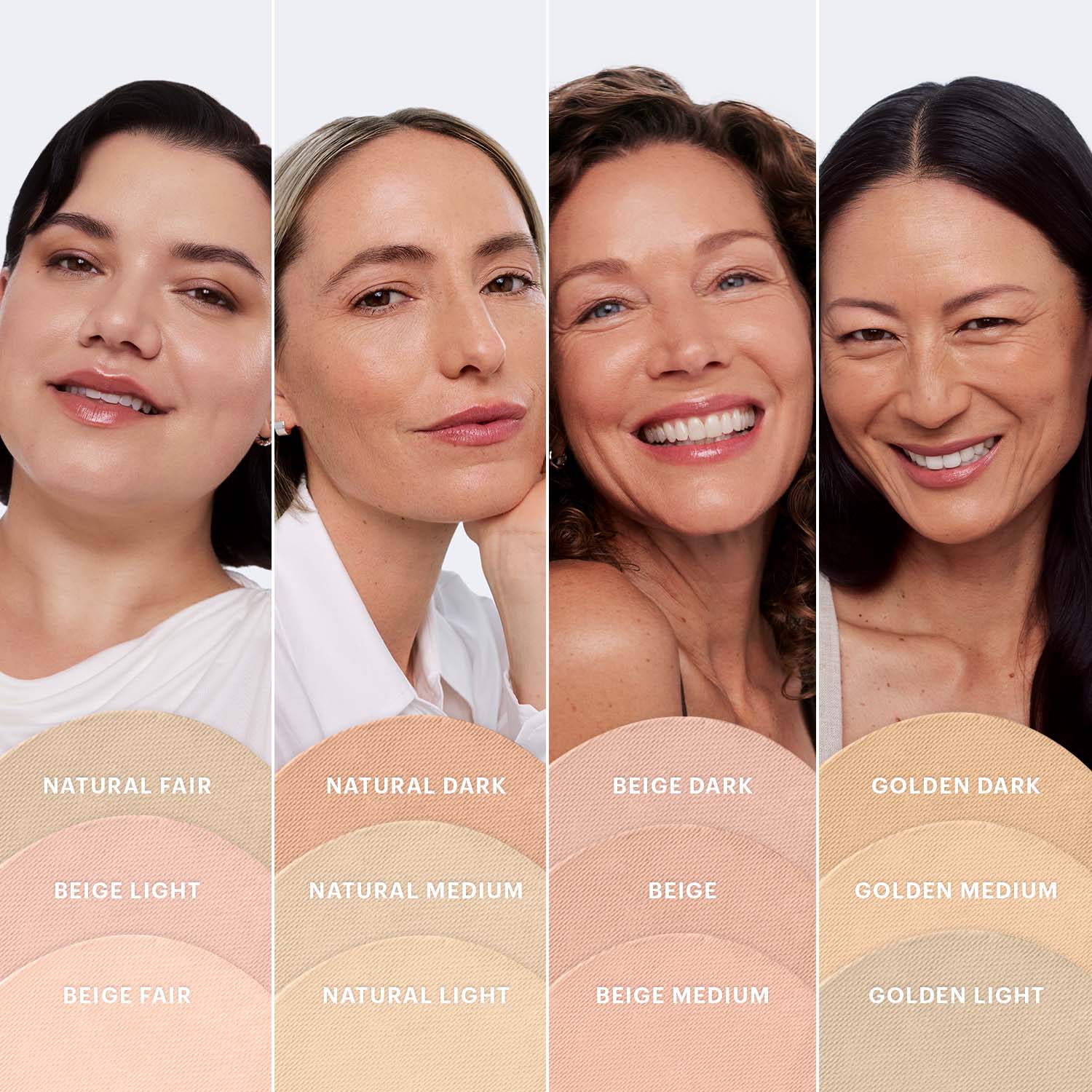 Shade chart showing four models with matching Pressed Base foundation shades labeled Natural Fair to Golden Light