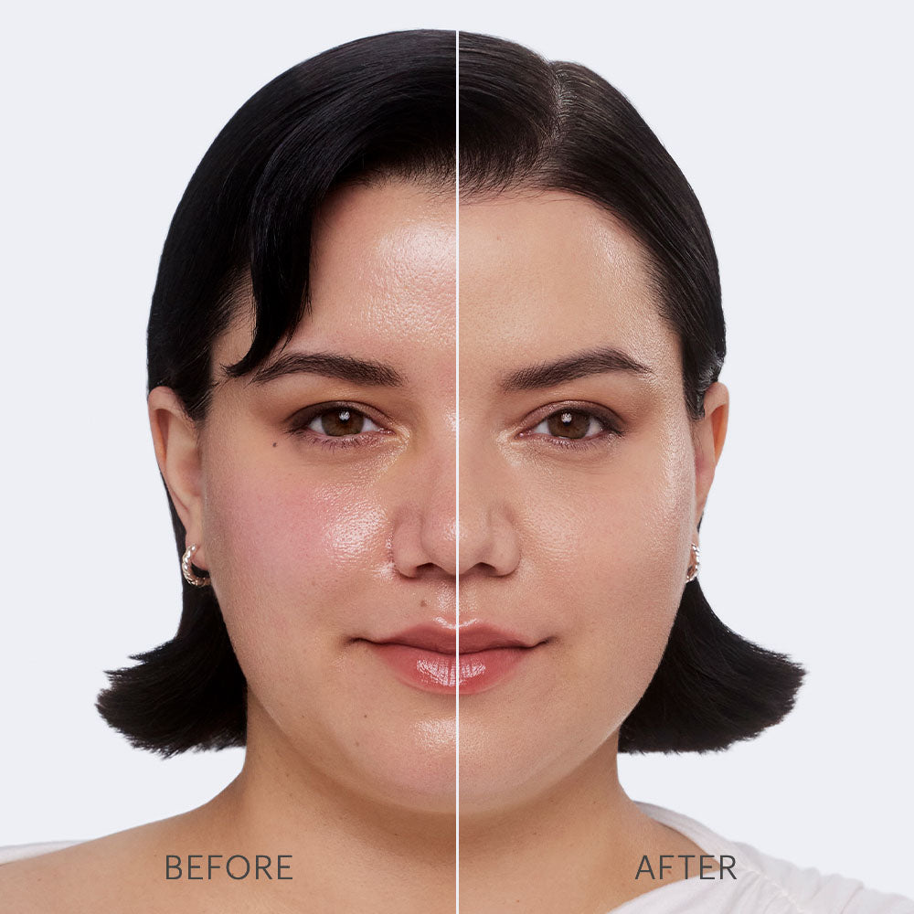 Split face view of Pressed Base before and after, left with shine and redness, right smooth, matte and even toned