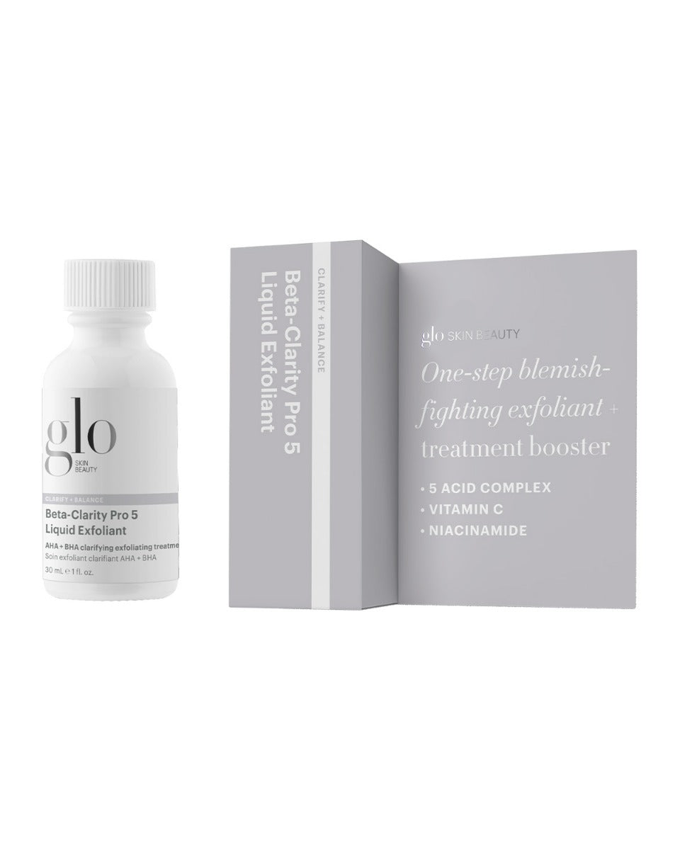 Front of Beta‑Clarity Pro 5 1 oz bottle beside open card saying 'One‑step blemish‑fighting exfoliant' on white background