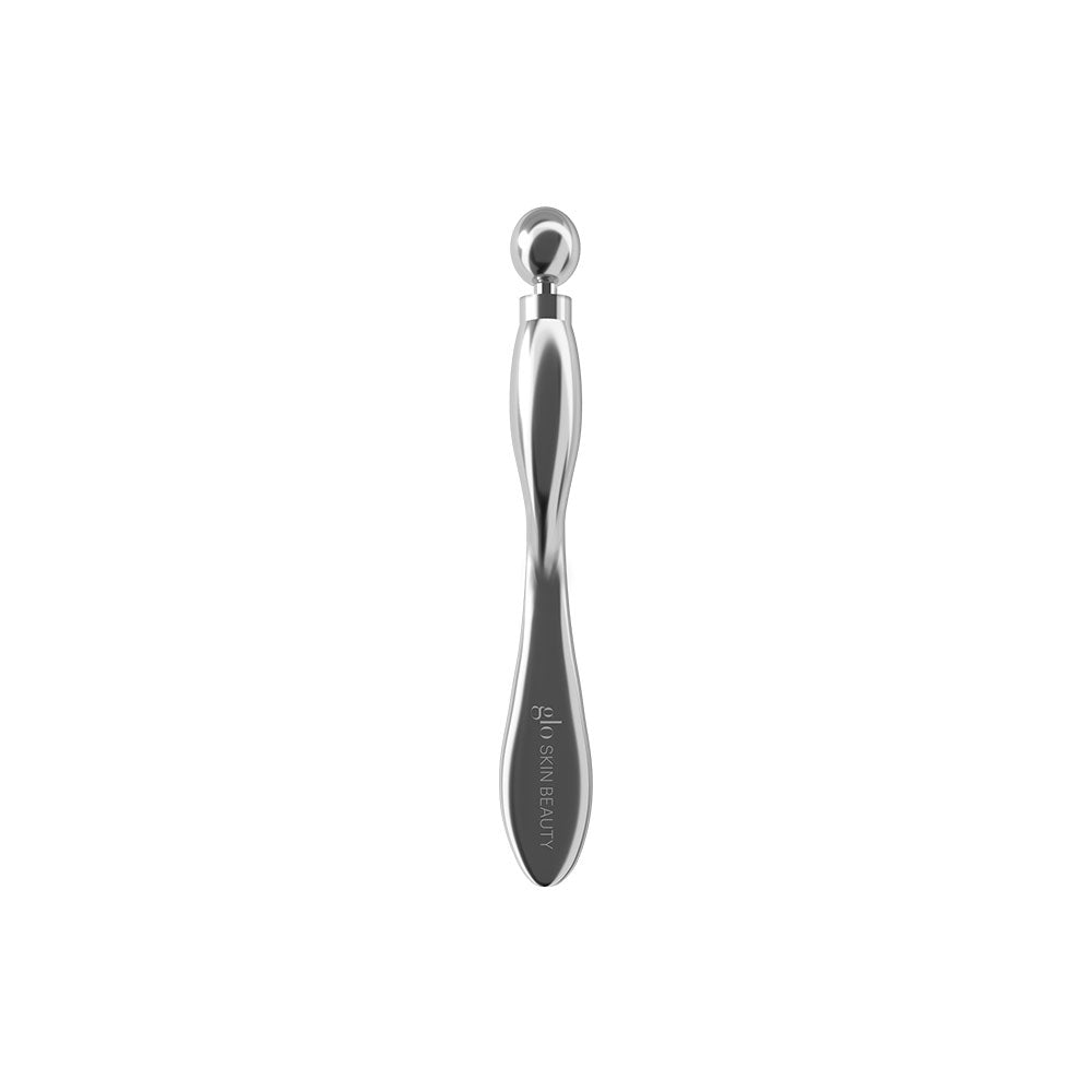 Front view of cooling eye wand showing metal massage ball and tapered stainless-steel handle on white background