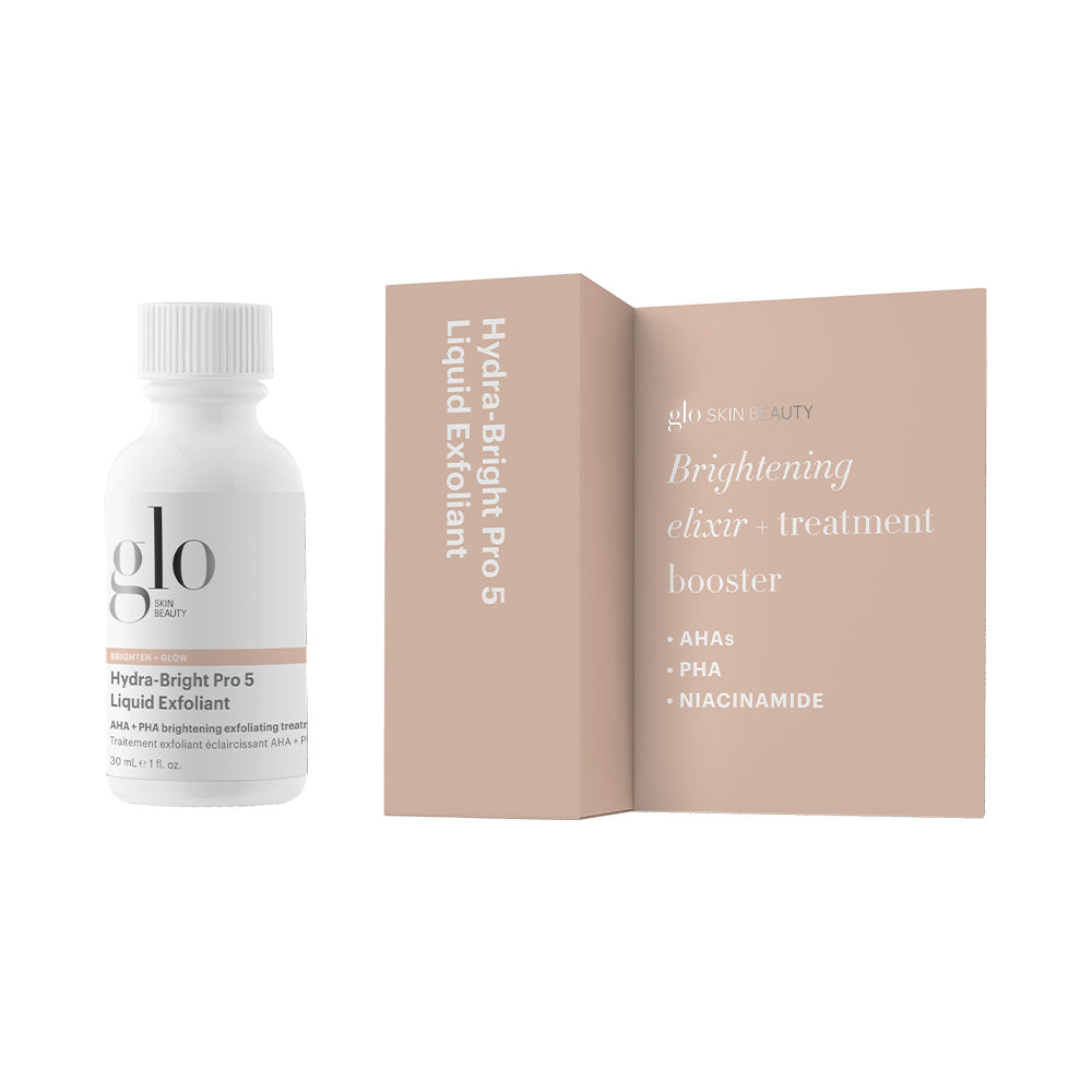 Front view of Hydra-Bright Pro 5 1 oz bottle and beige box reading Brightening elixir + treatment booster on white background
